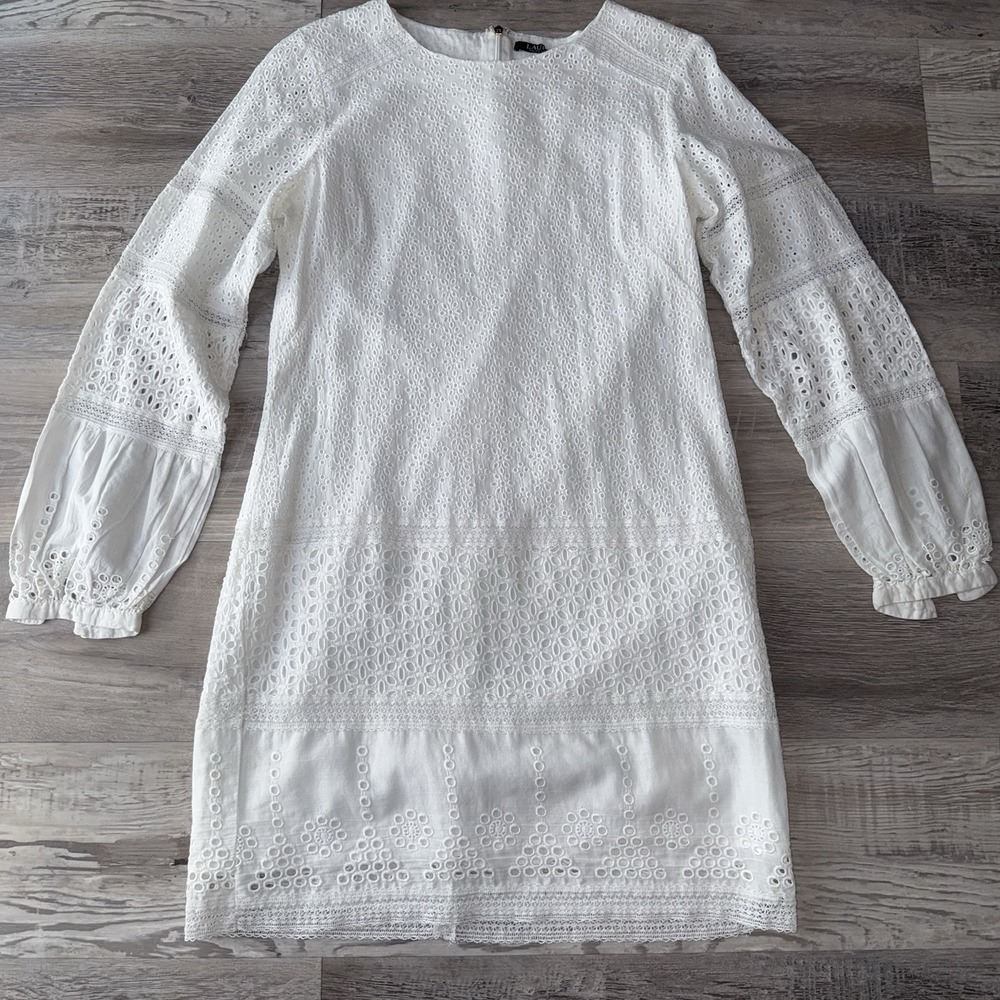 Lauren Ralph Lauren Cream White Eyelet Long Sleeve Shift Dress